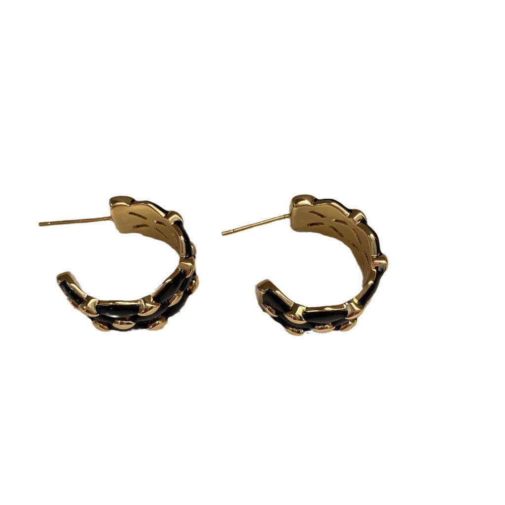 Black Gold Enamel Oil Drop C-Shaped Color Matching Earrings Light Luxury High Sense Fashion Rhombus Earrings Commuter Women