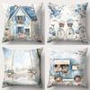 Blue Floral Patterned Cushion Covers With Cottage Scenes Polyester pillowcase, sofa decorative cushion cov Headboard Pillow