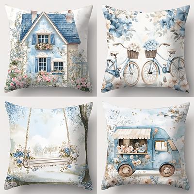 Blue Floral Patterned Cushion Covers With Cottage Scenes Polyester Pillowcase, Sofa Decorative Cushion Cov Headboard Pillow
