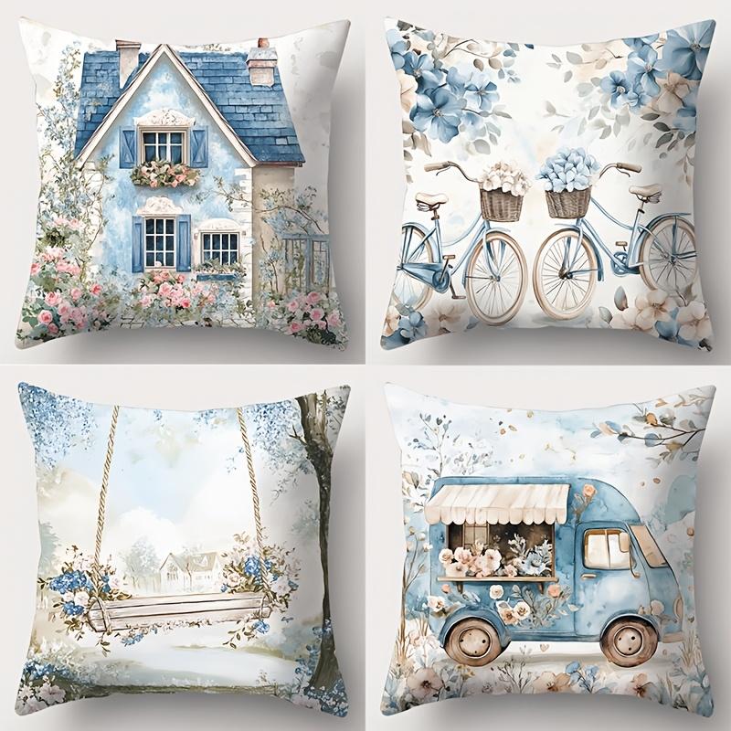 Blue Floral Patterned Cushion Covers With Cottage Scenes Polyester pillowcase, sofa decorative cushion cov Headboard Pillow