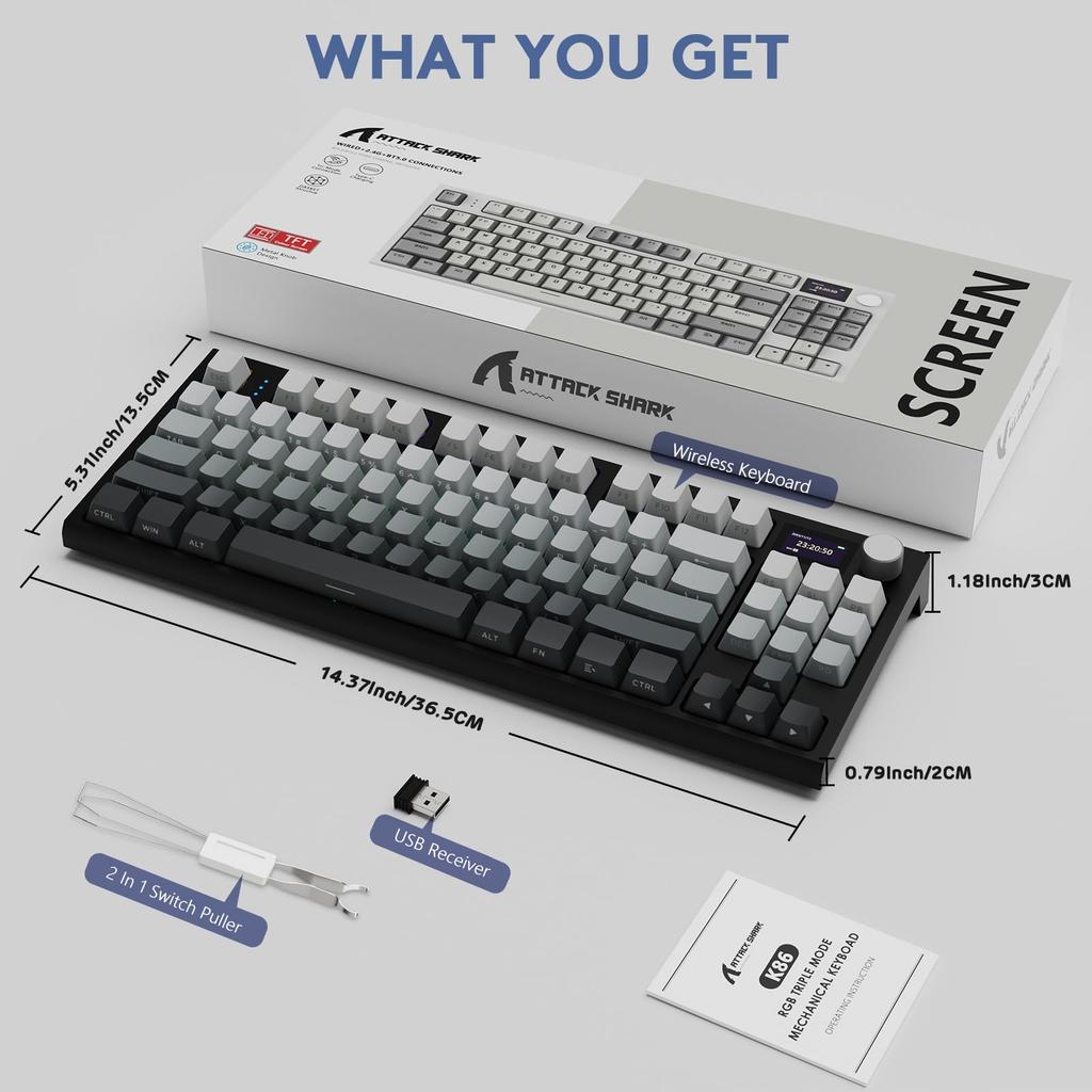 ATTACK SHARK X AJAZZ K86 Mechanical Keyboard, Linear Gaming Keyboard, Wireless, Three Connection Modes: 2.4G, Bluetooth 5.1, and USB-C, TFT Color