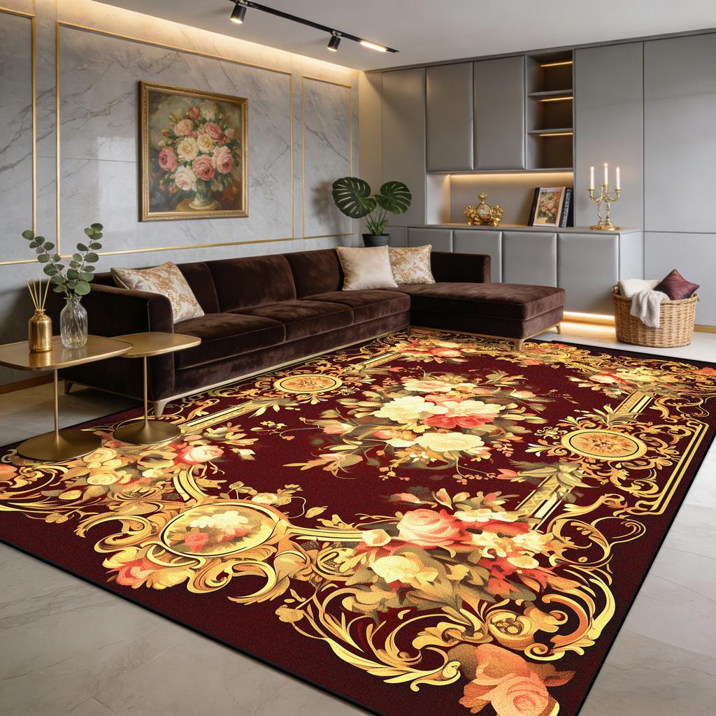 European Luxury Red Flower Fluffy Living Room Rug Easy Clean Soft Retro Tasting Area Carpet Large Area Non-slip Sofa Floor Mats