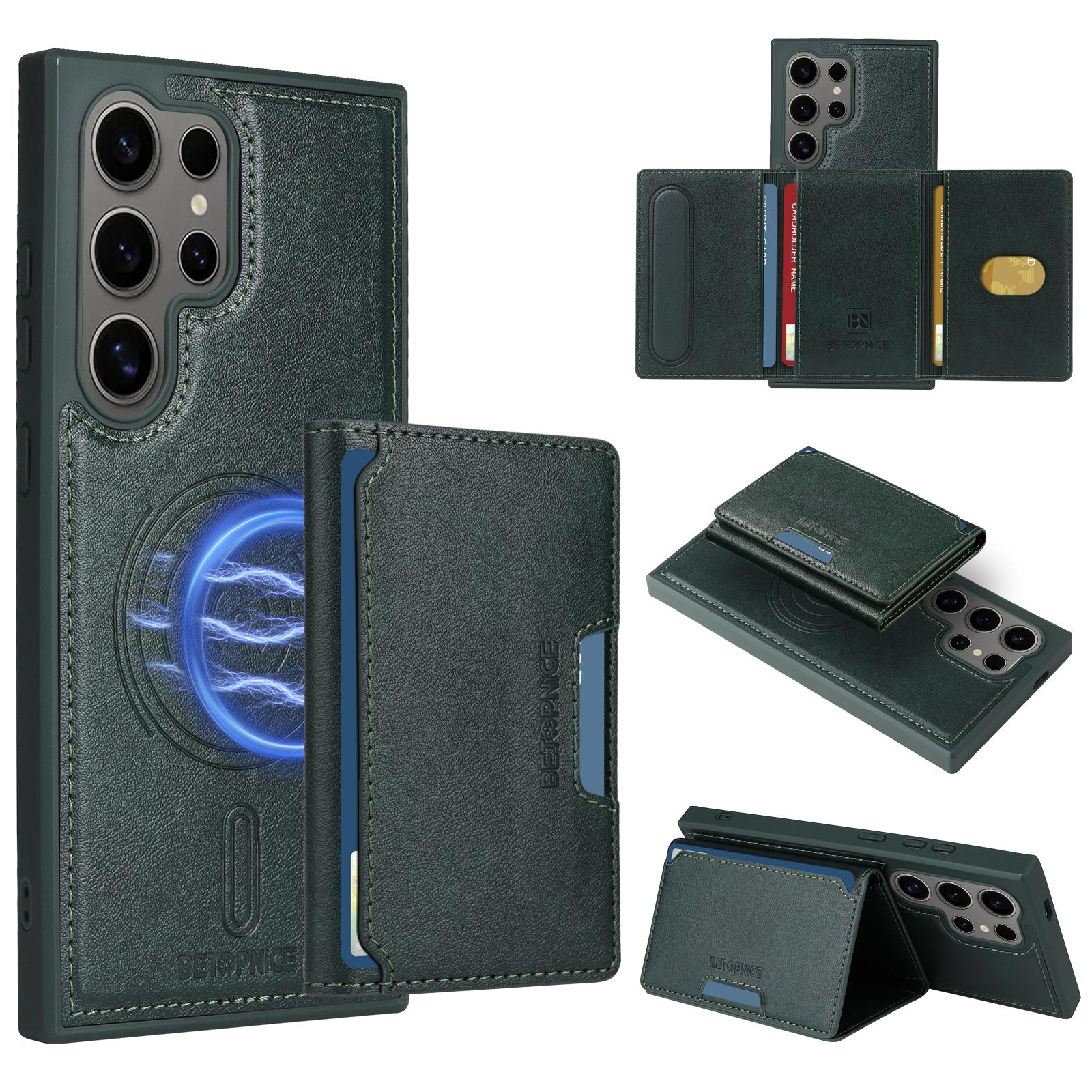 

For Samsung Galaxy S24 Ultra Magnetic Case BETOPNICE Leather Phone Cover Kickstand with Detachable Card Bag Green