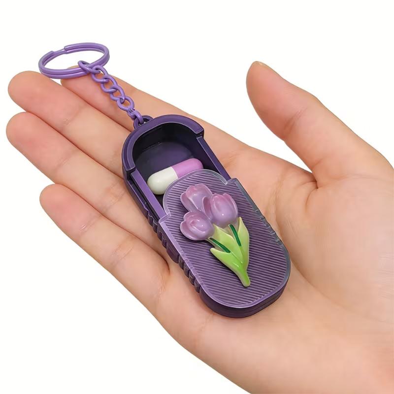 Waterproof Keychain Pill Organizer Tulip Pattern Portable Compact Pill Case Small for Outdoor Activities Daily Medication Carry