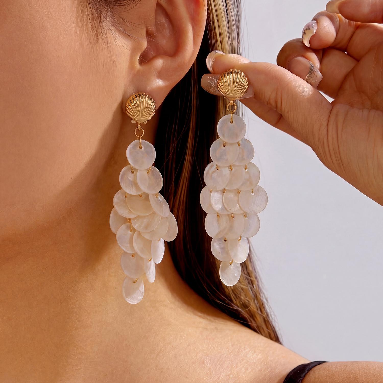 

Mermaidcore Translucent Shell Disc Drop Earrings for Women Boho Wind Chime Cascade Dangle Sensorial Statement Summer Jewely Gift