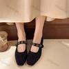 Fashion Women Square Head Shallow Mouth Suede Shoes Spring New Thick Heel Single Shoes Crystal Buckle Soft Sole Non-slip Mary Jane Shoe