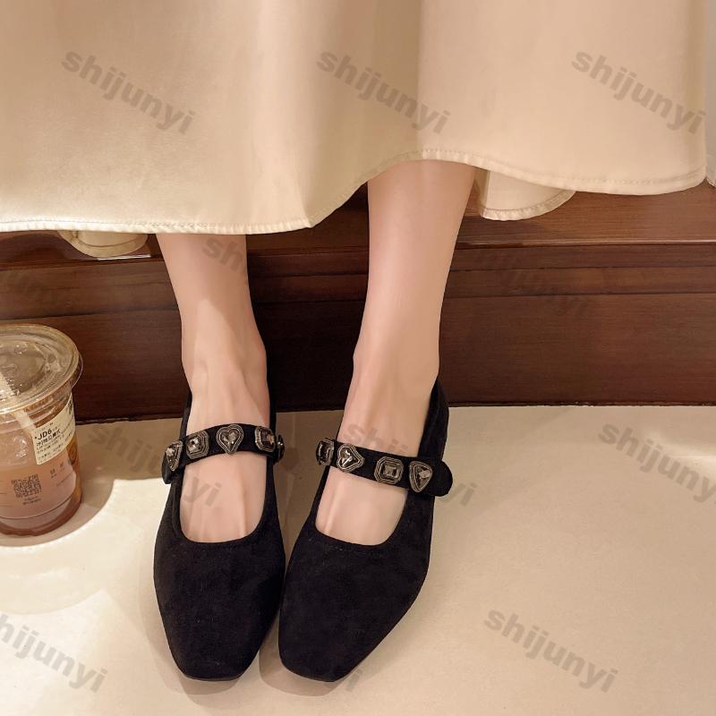 Fashion Women Square Head Shallow Mouth Suede Shoes Spring New Thick Heel Single Shoes Crystal Buckle Soft Sole Non-slip Mary Jane Shoe