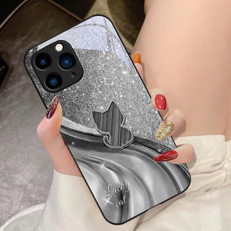 Sparkling Diamond Cat For IPhone 16 Pro Max 15 Pro 14 13 12 Mini 11 XS Max XR 7 8 Plu SE 2022 Tempered Glass Phone Case