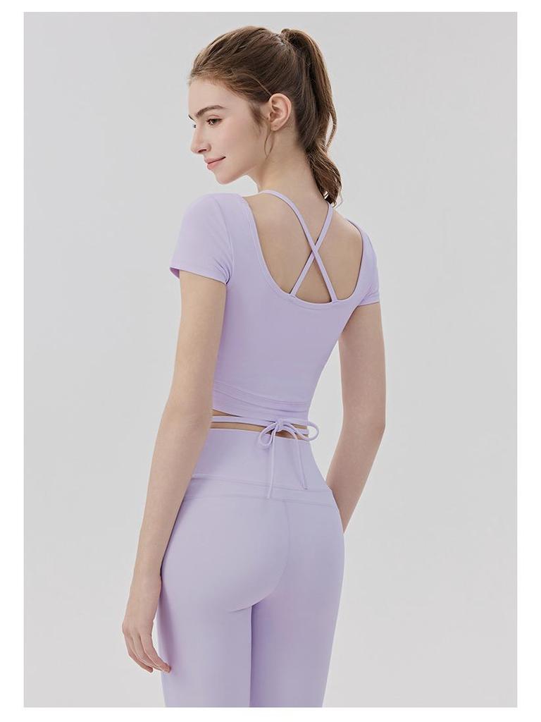 Women's Cooling Yoga Suit: Short Sleeve Top with Built-in Bra & Draping Tie-up Micro Flare Pants Set