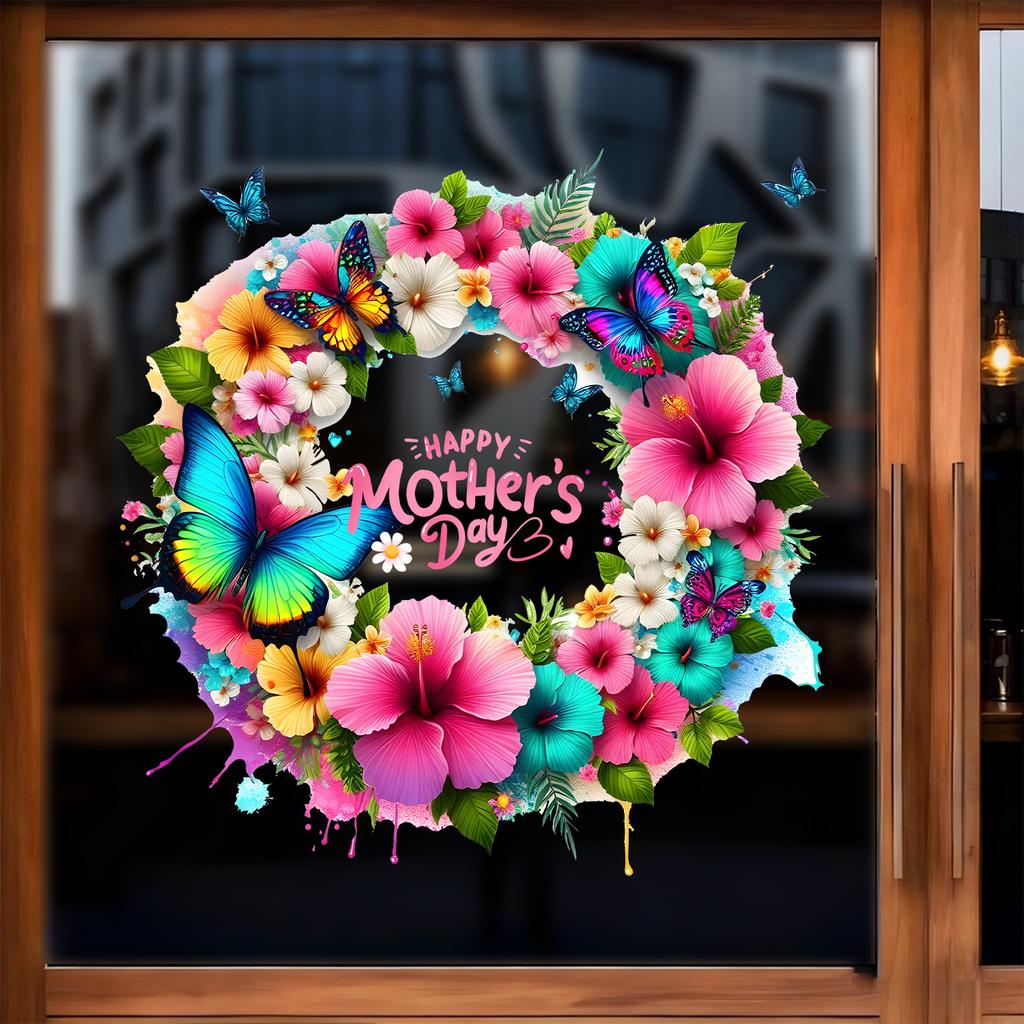 Mother's Day Floral Wreath Static Cling Window Sticker Removable Self-Adhesive for Living Room Bedroom Hallway Balcony Store PVC Glass Decor Art