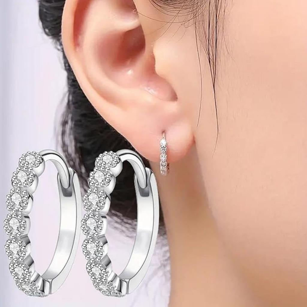 Sterling Silver Exquisite Hoop Earring, Set With Cubic Zirconia, Lightweight And Hypoallergenic,  Women's Jewelry