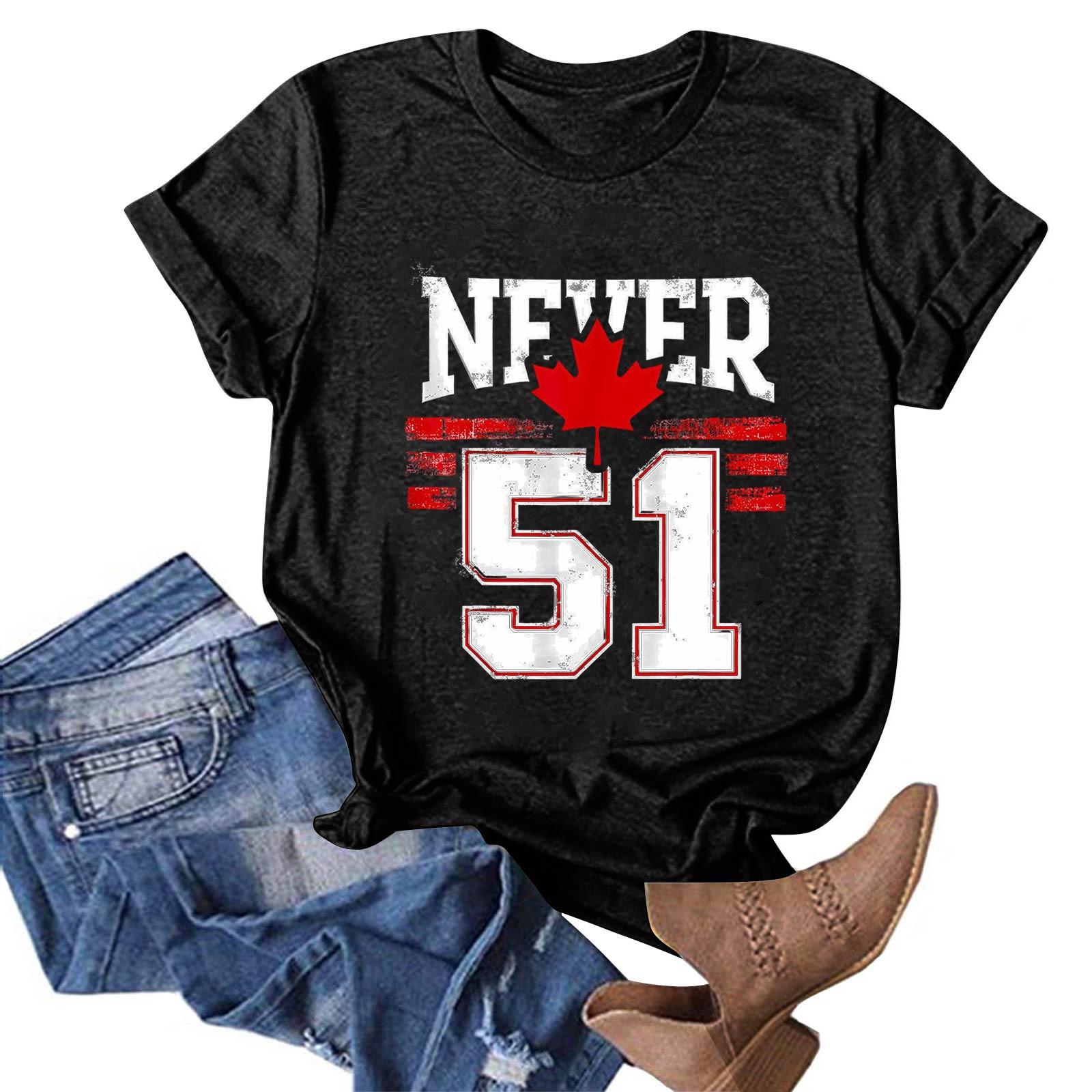 

Women s Fashion Casual Canada Never 51st State Print Round Neck Pullover Short Sleeve T-Shirt Top S чорний