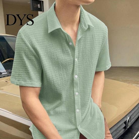 Casual Top Summer Spring Men Shirt Turn-down Collar Water Wave Texture Single-breasted Commute Loose Solid Color Short Sleeves Office