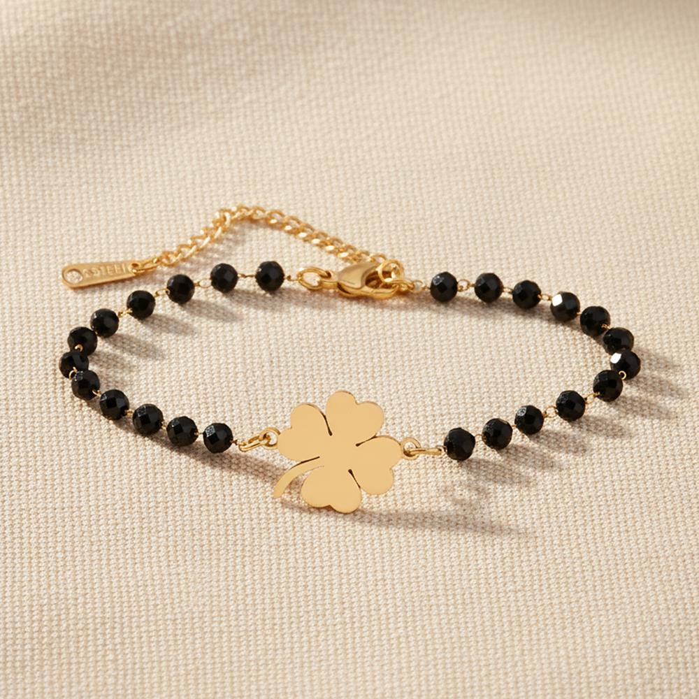 DGIDDK Stainless Steel Four-Leaf Clover Pendant With Black Beaded Bracelet Women's Fashionable And Unique Design Wrist Accessory