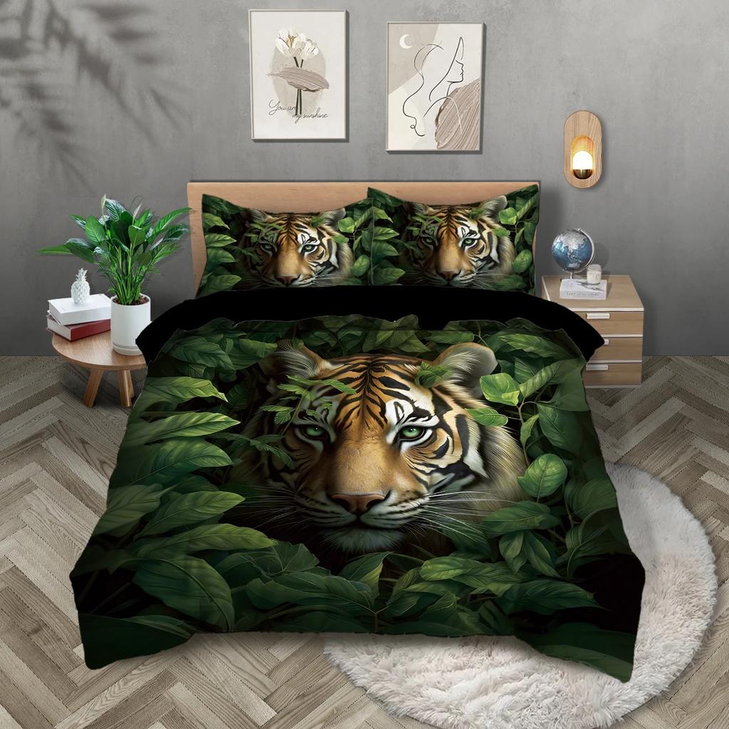 3pcs Tiger In the Jungle Pattern Bedding Set, 1 Duvet Cover and 2 Pillowcases, for Teenagers and Adults Bedroom, Birthday Gift