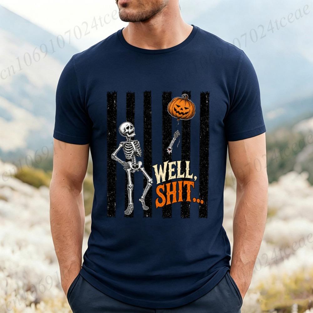 Skeleton Lost Balloon Print Men's T-Shirts Well Shit Funny Skeleton Shirts Dark Humor Halloween Design T-Shirts Gothic Tees Gift