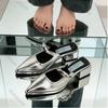 New Style Popular Summer Slippers Fashion Metal Decor Thick Heel Slide Shoes Comfort Street Style Pointed Toe Heeled Footwear