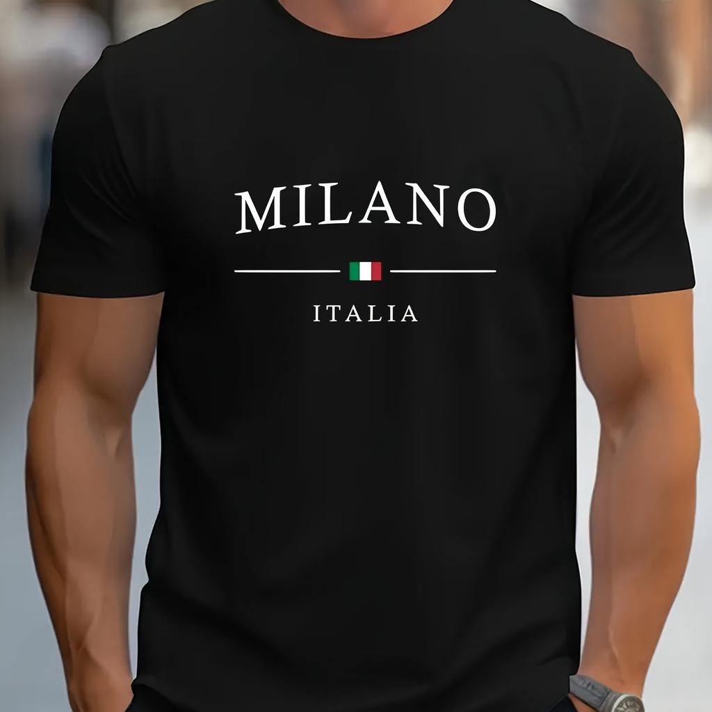 Men's Summer 100% Cotton Fashion MILANO Letter Printed Loose Large Casual Comfortable Round Neck Short Sleeve T-shirt Top