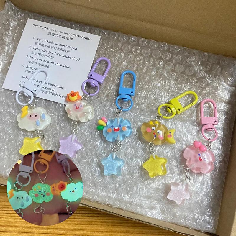 Sweet Phone Charms Cute Cartoon Luminous Cloud Star Keychain Couple Car Keyring Bag Pendant Jewelry Accessories Gifts