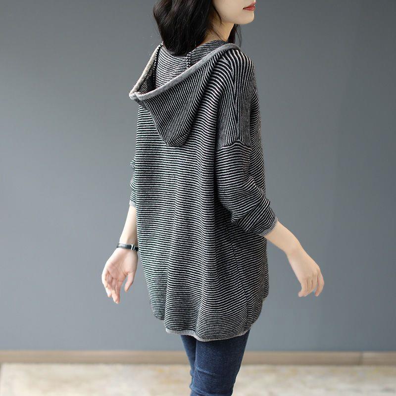 Plus Size Sweater Thickened Hooded Female Autumn Loose Striped Knit Sweater Warm Knit Sweater Tops