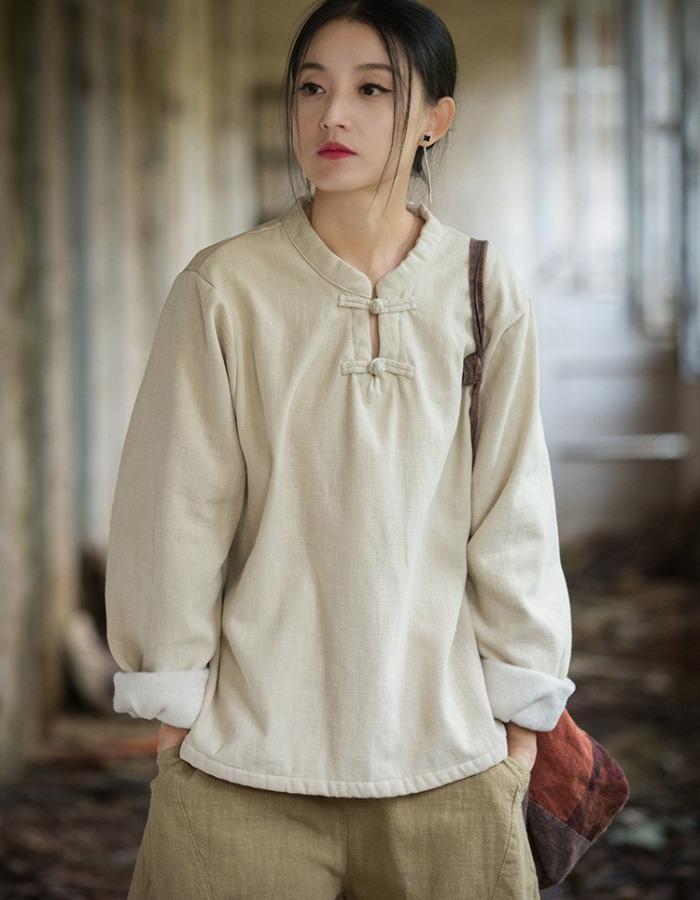 Johnature Damen Fleece-Hemden im chinesischen Stil, einfarbig, warme Oberteile, Stehkragen, Langarmblusen, Winter, Vintage-Knopfhemd