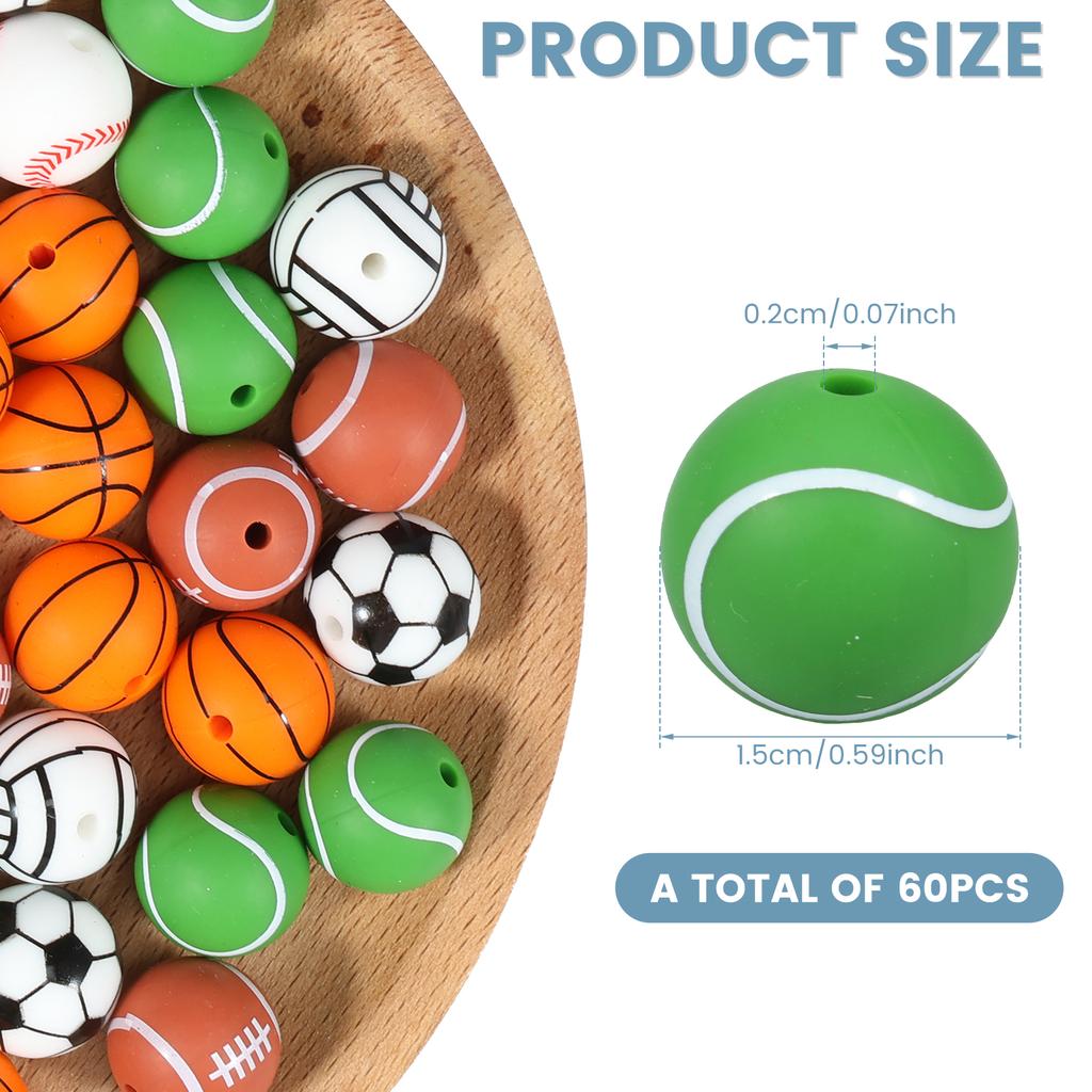 60 Stück Silikon-Kugelperlen 15 mm Silikon-Sportperlen Großhandel Gemischt Silikon-Sportballperlen Sportperlen-Mix Fußball