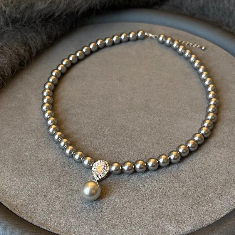 Copper Micro-Inlaid Zircon Water Drop Glass Pearl Necklace Autumn And Winter Sweater Chain Light Luxury Niche Design Clavicle Chain
