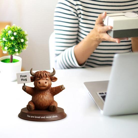 Highland Cow Figurine Emotional Support Highland Cow Statue Resin Cow Ornament with Funny Quotes Straight-Talking Companion for Desk Bookshelf Decor