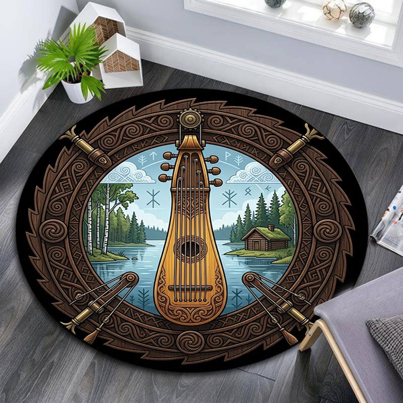 Wooden Lyre Forest Scene Round Area Rug Under Office Chairs Bedroom Living Room Home Decor