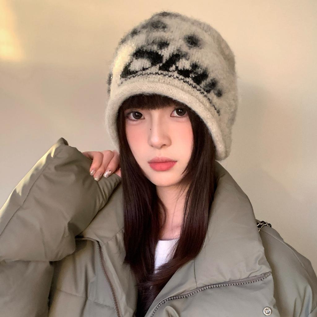 Wool crimped letter knitted stacking hat Children's winter big head circumference showing face small ear protectors Cold hat Warm wool hat