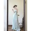 Beautiful Island Skirt Dopamine Skirt Summer Green White Suspender Dress Long A-word Skirt Seaside Vacation