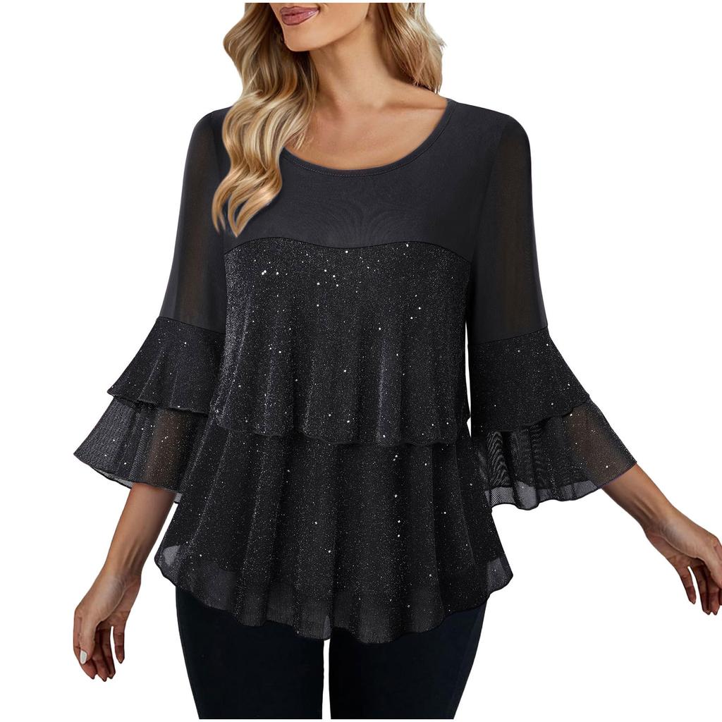 Ladies' Loose Casual Fashionable Knitted Patchwork Sequin Multi-layer Loose Top
