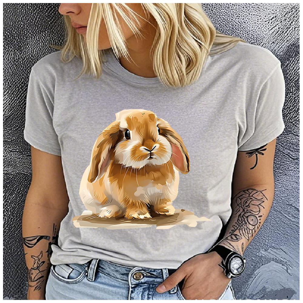 Women's Polyester 100% Cute Rabbit  Print T-shirt Loose Round Neck Casual Short Sleeve Fashion Top Wholesale Clothing Summer