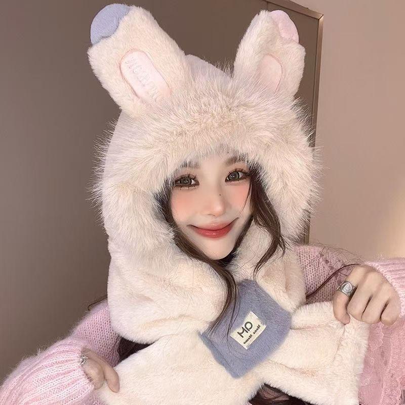 Winter Plush Hat Hooded Scarf Cute Little Fox Hat Scarf Integrated Women's Thickened Warm Versatile Trendy Hat