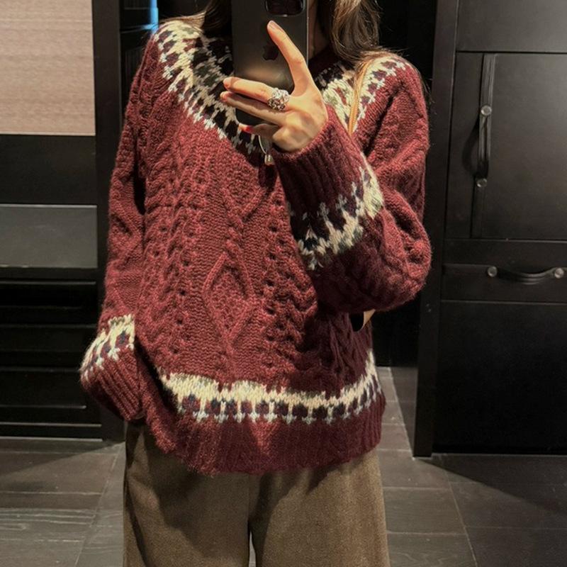 New Wool Thickened Fair Island Jacquard Knitted Sweater Round Neck Versatile Wool Sweater Pullover Long Sleeve