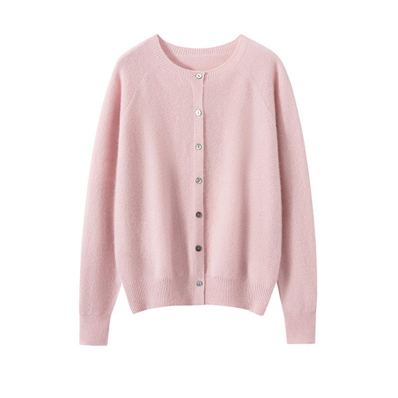 Women's Pure Cashmere Round Neck Cardigan - Autumn/Winter Loose Fit, Solid Color Knitted Sweater Coat