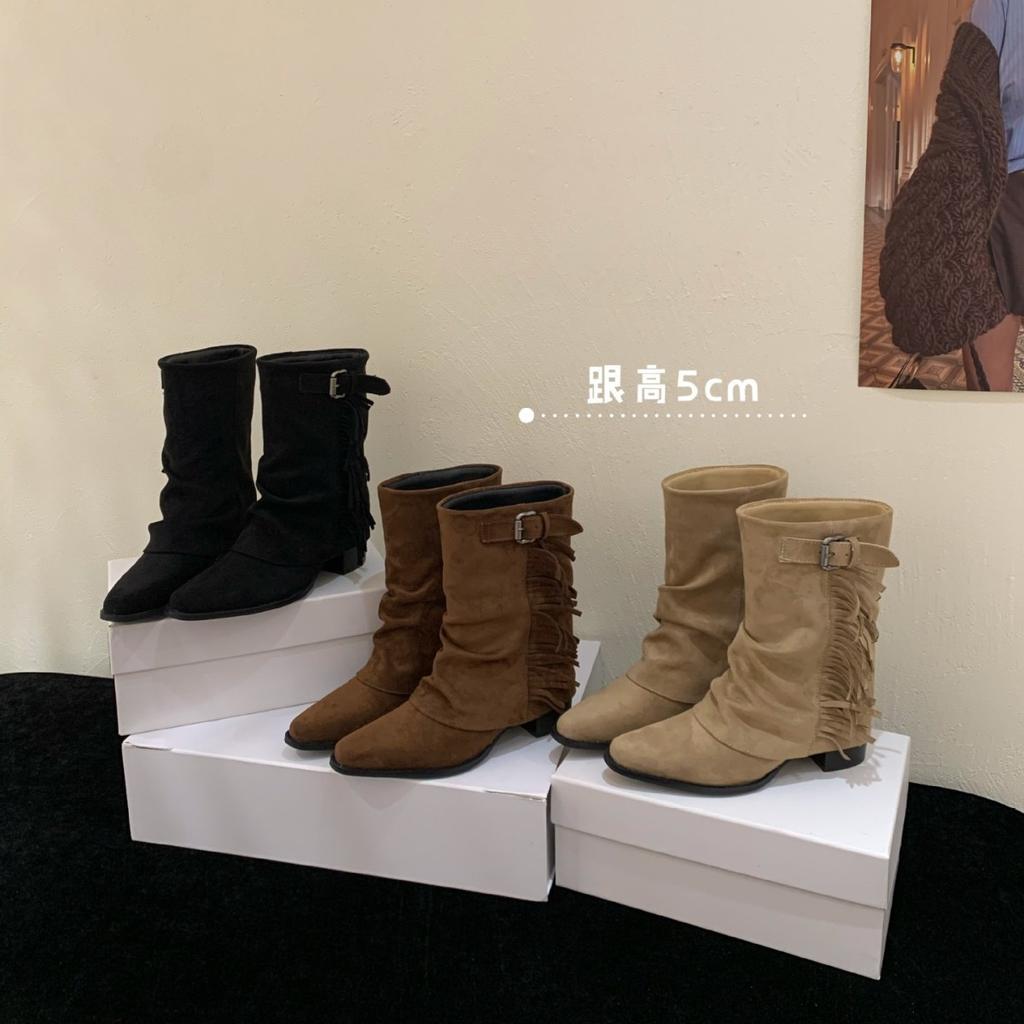 European and American retro suede fringed thick heel medium boots women's autumn and winter new niche belt buckle fashionable versatile trouser 