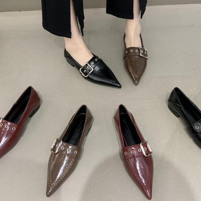 Niche New Light Luxury Pointed Square Metal Buckle with Deep Commute Shallow Middle Heel French Retro Single Shoes