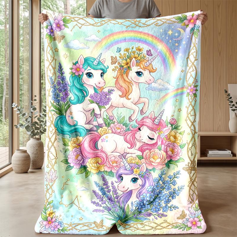 Fantasy Unicorns and Balloons Theme Blanket Lightweight Warm Flannel Blanket Decorative Throw Blanket for Home Decoration