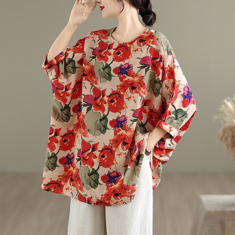 DIMANAF 2025 Plus Size Autumn New T-Shirt Women Flower Print Loose Casual O-Neck Lady Tops Tees Shirts Oversize