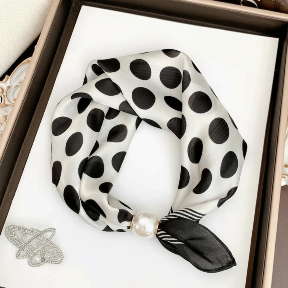 New Pearl Buckle Silk Scarf Printed Thin Neck Scarf Soft Lightweight Neckerchief Women