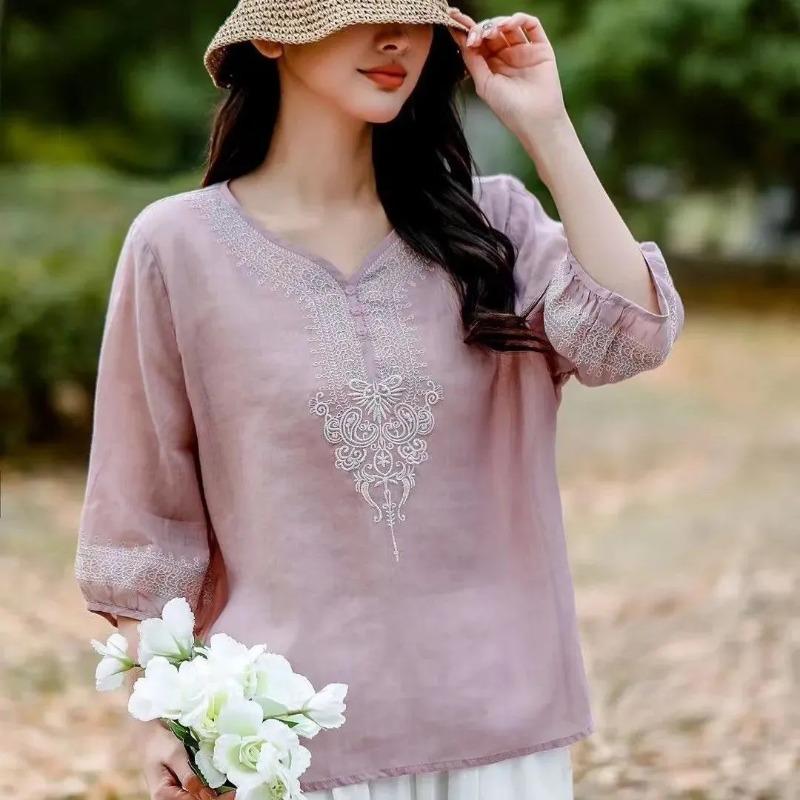 Light Yellow V Neck Embroidered Three Quarter Sleeve Linen Blend Blouse for Women