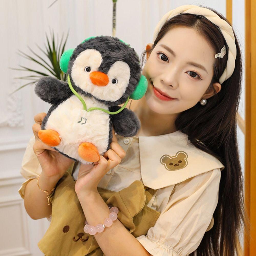 Interactive Penguin Doll Stuffed Animals Fluffy Wearing Headphones Animal Doll  Home Decor