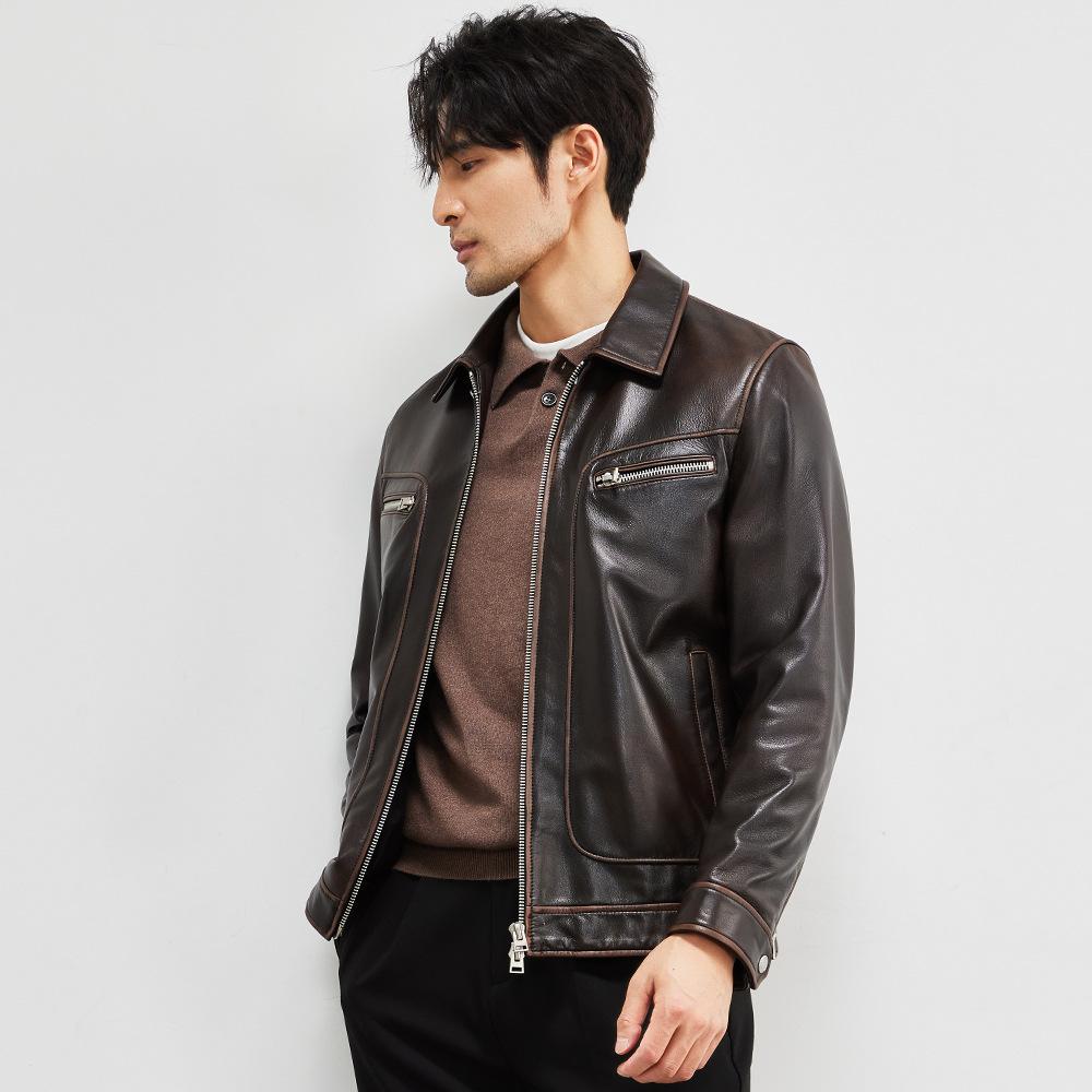 Мужская кожаная куртка American Retro из козьей кожи с короткими лацканами — фото 4