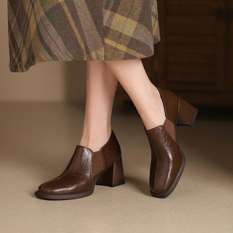 Fashion NEW Spring/Autumn Women Pumps Square Toe Chunky Heel Shoes Split Leather Shoes for Women Concise Slip-on Handmade Women Shoes