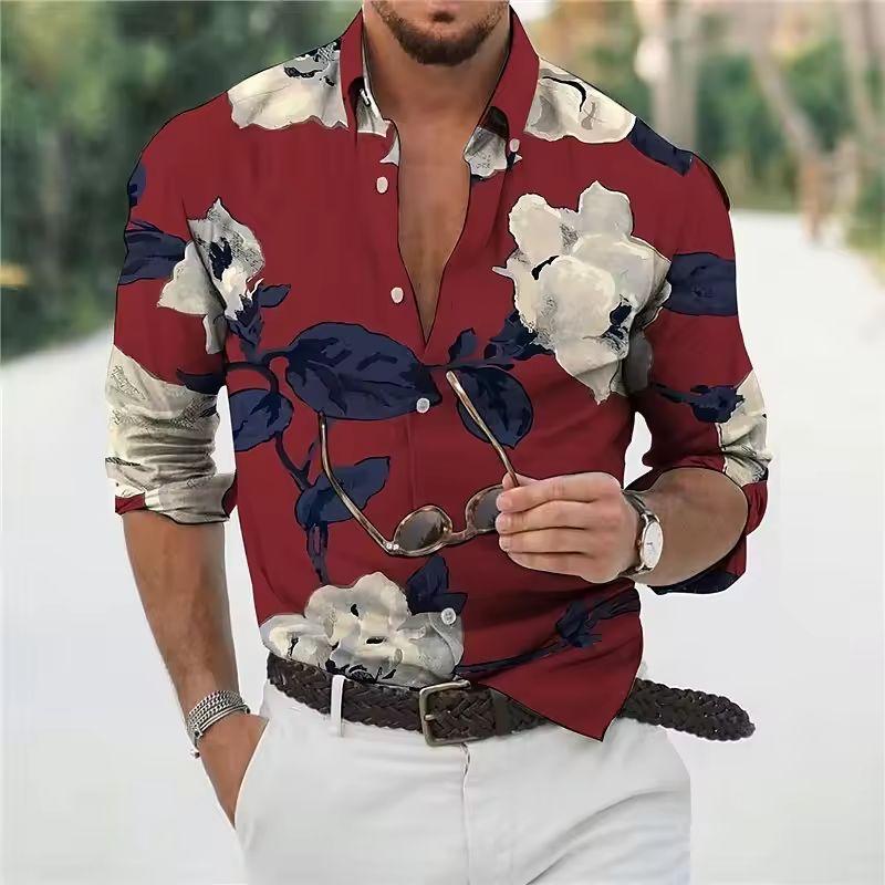 Lässiges Hawaiihemd mit Blumenmuster, Sommerhemd für Herren, Langarm, Hemd mit 3D-Druck am Revers, modisches Langarmhemd für Damen und Herren