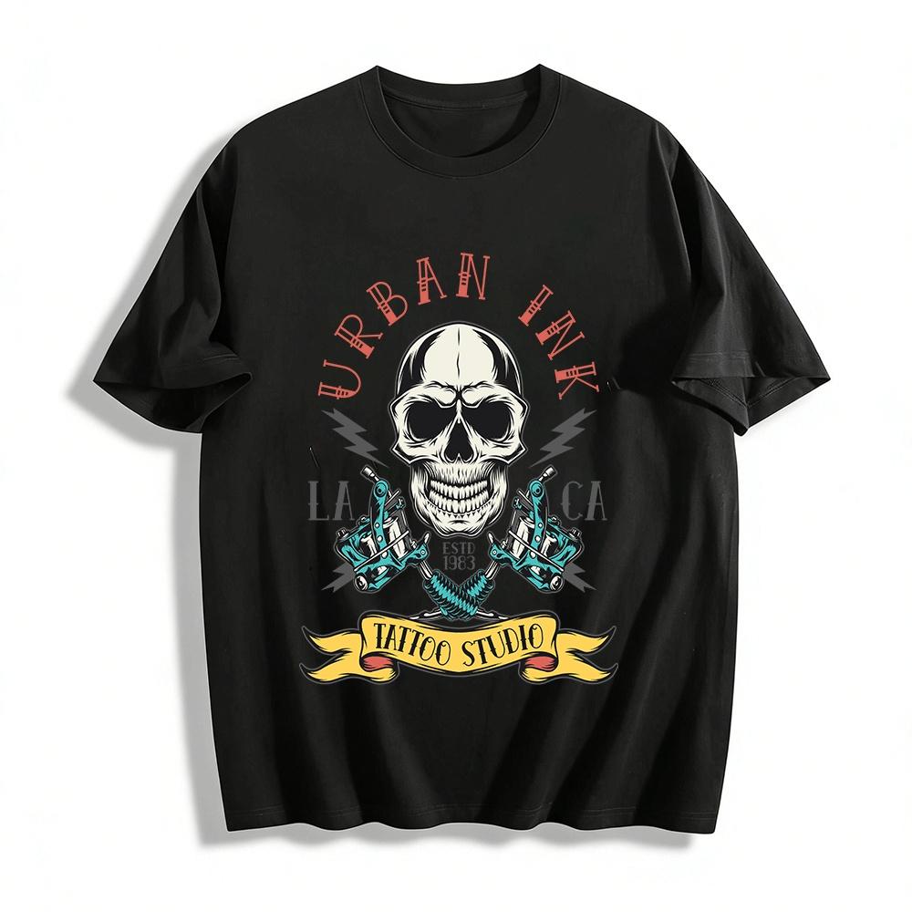 Urban Ink Tattoo Studio Skull Graphic Tee LA CA Retro Streetwear Top Pure cotton T-shirt XXS