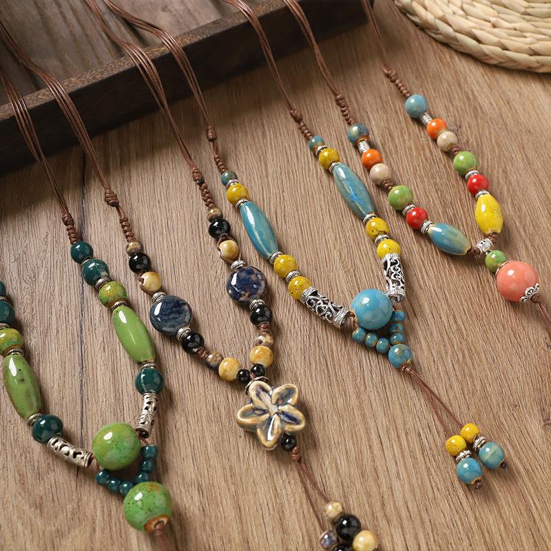 Retro Ceramic Beaded Necklace for Women, Handmade Long Sweater Chain, Ethnic Vintage Chinese Style Jewelry