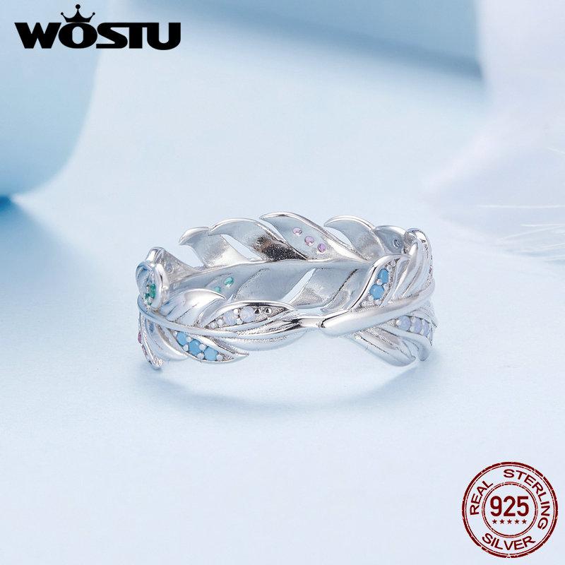 WOSTU 925 Sterling Silver Jemný barevný prsten se zirkonovým peřím pro ženy Dárek k narozeninám Elegantní jemné šperky
