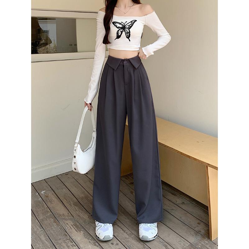 

Костюм Повседневные брюки широкого покроя Женская одежда Осень и зима Маленькие узкие свободные брюки прямого покроя с высокой талией 4XL серый